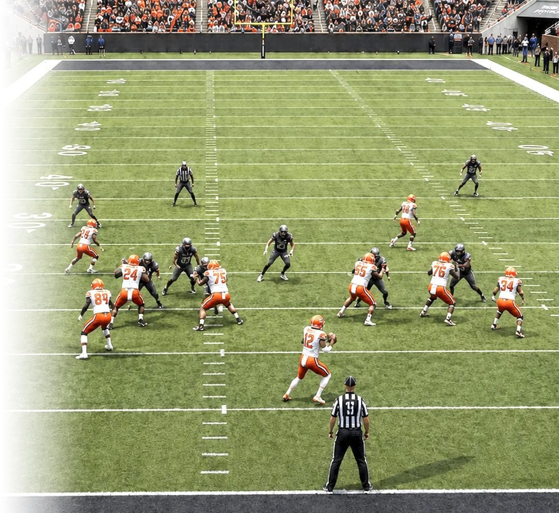 Quarterback drops back to pass during a college football game, seen from an elevated Hi Rise endzone camera angle