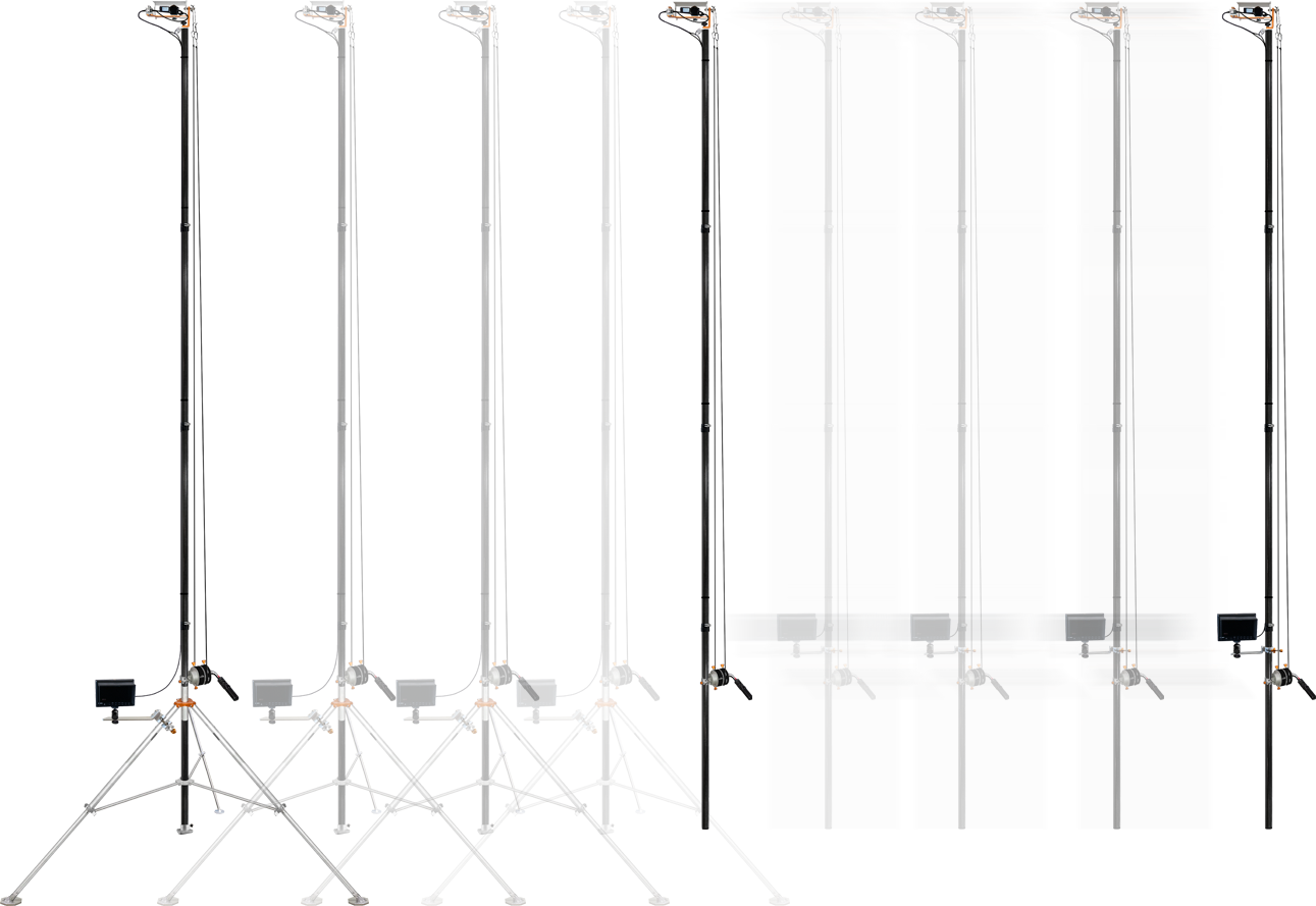 The Air 21ET-Carbon converting from a full-height tripod tower into a handheld monopod, shown across eight stages