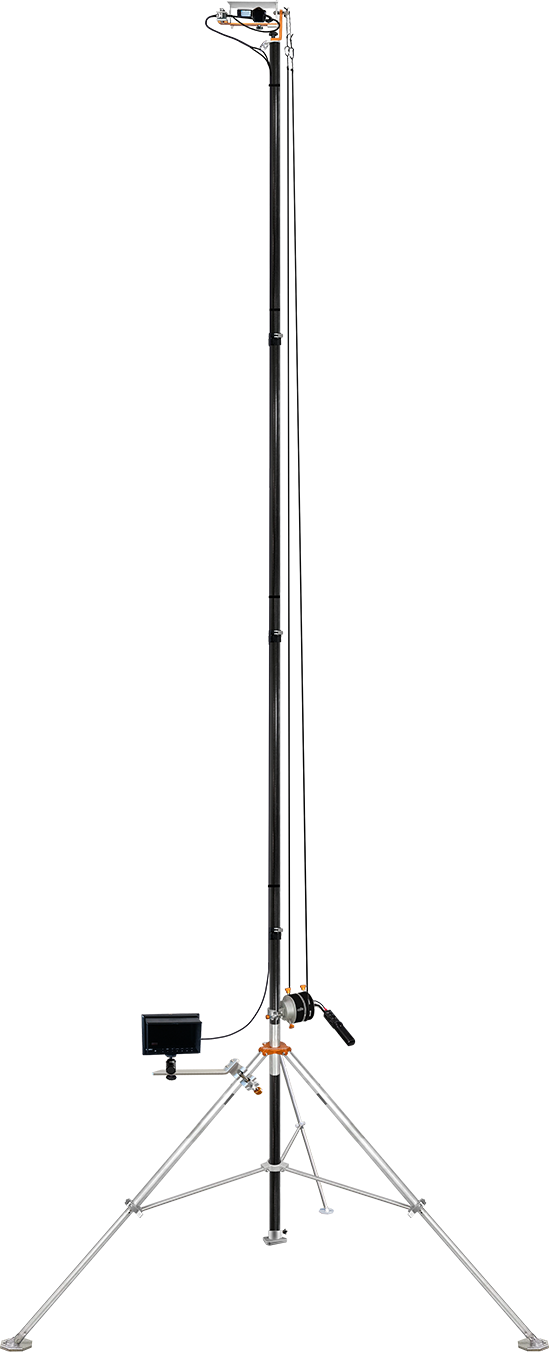 The Air 21ET-Carbon endzone camera tower fully extended on its tripod base with a camera and monitor mounted